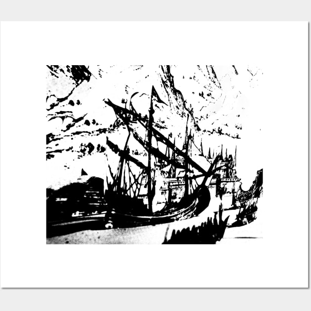 Abstract Black And White Pirate Ship Wall Art by Korry